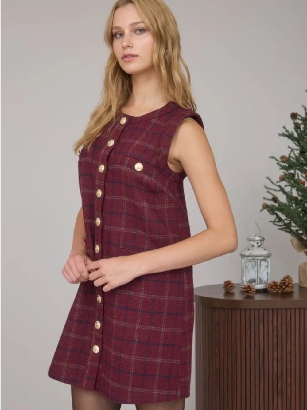 Workshop Republic Clothing Burgundy Plaid Sleeveless Button Dress